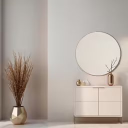 an empty room with a round mirror above the dresser