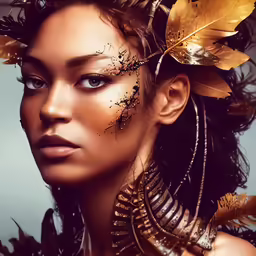a beautiful young woman with painted eyes wearing leaves on her face