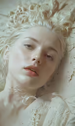 a woman with a very frumpy look lies down on the bed