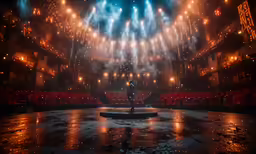 the stage with red chairs and lights is set for an event