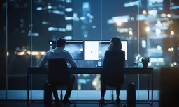 two people are sitting at a desk on their computers