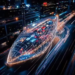 an aerial view of a futuristic city at night