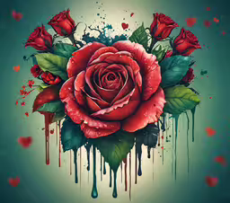 red roses painted on green background,a painting with red roses on green background