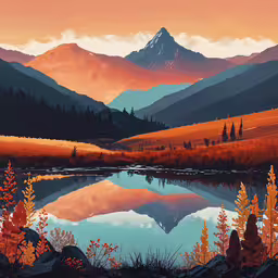 colorful mountain scene with a calm river and trees,a scenic lake and mountains in an autumntime scenery