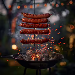 a roasting tray is stacked with sausages and marshmallows,there are many hot dogs hanging over the grill