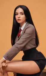 a sexy young lady in a business dress with her knees crossed