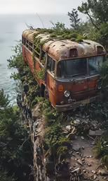 an old van sits atop the edge of a cliff by the ocean