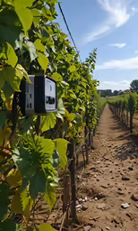 a line of vines with a digital parking meter on one side of the fence
