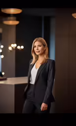 a beautiful woman in a suit standing in front of a counter