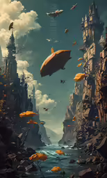 a surreal, landscape painting that shows the edge of a cliff, and yellow umbrellas floating over water