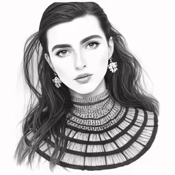 a black and white drawing of a woman wearing earrings