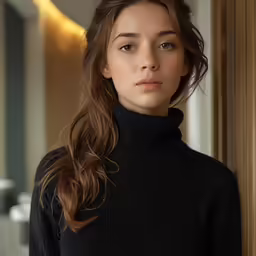 an attractive young woman standing in front of a wall