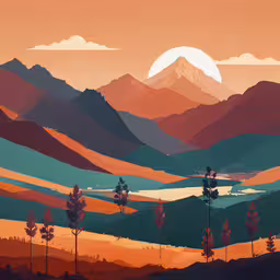 a colorful painting of some mountains with water in the background,a painting depicting a mountain range with trees in the foreground and a lake and trees on the other side