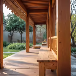 an empty wooden bench underneath a wood covered patio