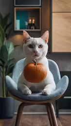a white cat sits on top of a chair holding a pumpkin