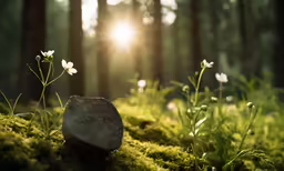 the sun shining over some trees and plants in the woods