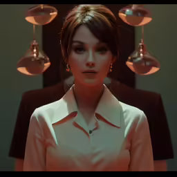 the animated woman is standing under some lights