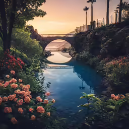 a bridge and flower garden at sunset near water
