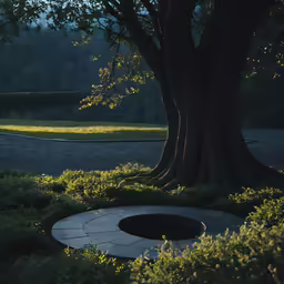 a small circular hole between two trees is shown