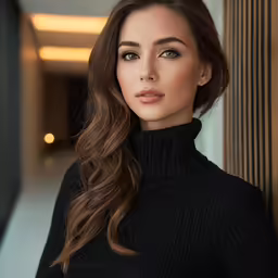 the woman is posing by the wall wearing her brown hair