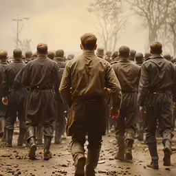 a bunch of men walking down a path together