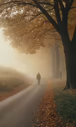 there is a man walking down the road in the fall