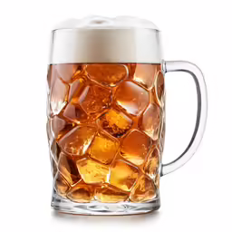 a beer mug filled with ice and cubed drinks