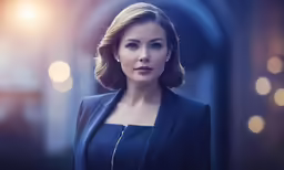 a woman in a black jacket and blue shirt