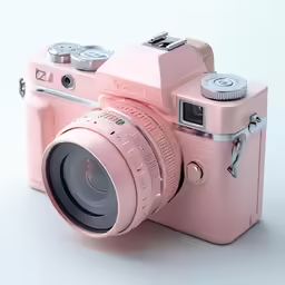 an old pink camera on a white table