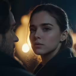 a woman looking at a man while they both are close to each other