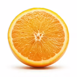 a cut in half orange fruit with white background