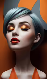 a woman with orange and silver hair with blue highlights on her eyes