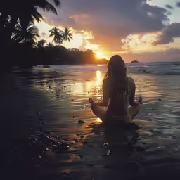the silhouette of a woman sitting on a beach at sunset,a woman doing yoga poses in front of the ocean