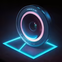 a large illuminated lens is positioned against a dark background
