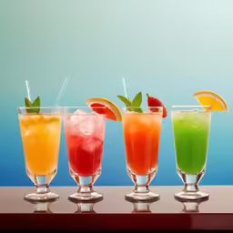 three glasses with drinks and a straw each are lined up on a table