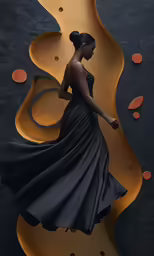 a woman in black dress walking against gold and orange abstract background