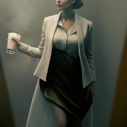 a woman in grey coat and skirt holding coffee