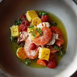 this bowl contains meat, vegetables and fruits