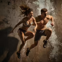 a man and woman running in a cross - country run