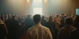 a man in white shirt watching a large group of people