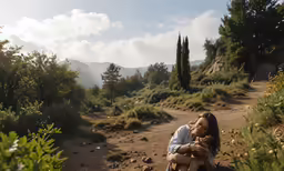 a woman and a man that are on a dirt road