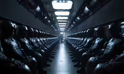 an aisle with rows of seats with men sitting on each side