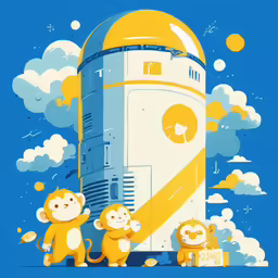two monkeys holding a package standing in front of a yellow and white clock tower