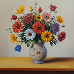 a painting of colorful flowers in a silver vase