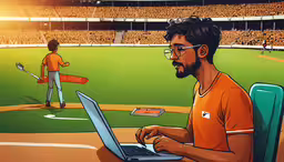 a man sitting in front of a laptop computer on a baseball field,a baseball player on his laptop at the plate