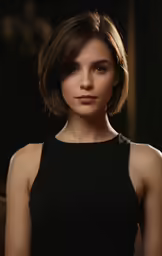 a young woman standing in front of a black background