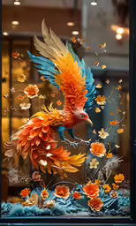 a very colorful painting of a bird flying above water