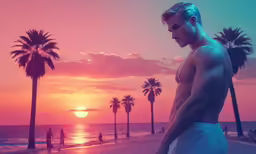 a man in bathing trunks looks at the sun setting