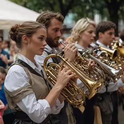 a man and women with brass trumpets are holding hands together