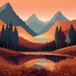 an oil painting of some mountains near a lake,the painting shows mountains, grass and a body of water with small lakes on the side